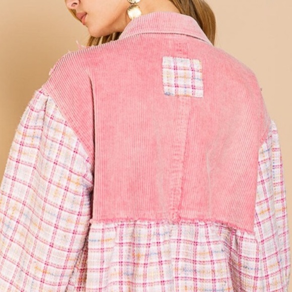 Corduroy Tweed Ballon Sleeves Button Down Pink Woman’s Shacket Jacket - Picture 6 of 9